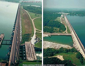 位于尼欧肖河流域上的彭萨科拉大坝（英语：Pensacola Dam），经年累月形成大切诺基湖（英语：Grand Lake o' the Cherokees）