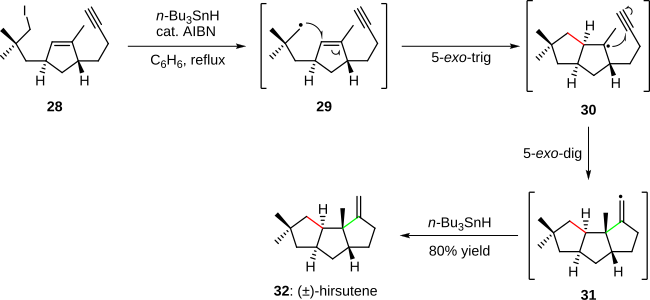 Scheme 6. Cascade radical cyclization in the total synthesis of (±)-hirsutene