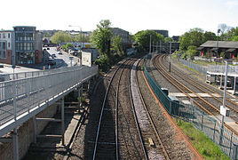 Railway and tram stop from bridge looking south