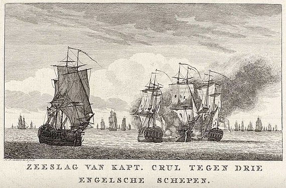 Naval battle of Captain Krul against three English ships Engraving by Carl Frederik Bendorp, 1781