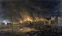 The Great Fire of London, depicted by an unknown painter (1675), as it would have appeared from a boat in the vicinity of Tower Wharf on the evening of Tuesday, 4 September 1666. To the left is London Bridge; to the right, the Tower of London. St Paul's Cathedral is in the distance, surrounded by the tallest flames.