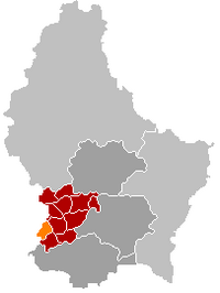 克莱芒西在卢森堡地图上的位置，克莱芒西为橙色，卡佩伦县为深红色