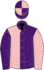 Purple and pink halved, sleeves reversed, quartered cap