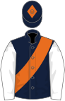 Dark blue, orange sash, white sleeves, dark blue cap, orange diamond