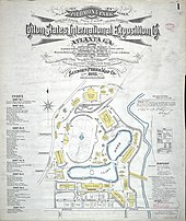 Map of the 1895 Cotton States Fair, showing exhibit halls encircling a large lake