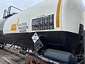 Image 3Trains carrying hazardous materials display information identifying their cargo and hazards. This tank car carrying chlorine displays, among other markings, a U.S. DOT placard showing a UN number that identifies the hazardous substance. (from Train)