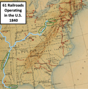 map showing rail line in the U.S. in 1840, the Ohio and Mississippi rivers, and the location of Pittsburgh and Wheeling