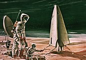 Artist's conception of a crew going on surface EVA on Mars, circa early 1960s. In the background is a Mars Excursion Module (MEM).