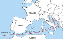 Diagram of the route that nuclear bomb-carrying B-52s would take to enemy countries. It follows the Mediterranean Sea, and passes over Italy before turning north over the Adriatic Sea.