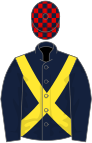 Dark blue, yellow cross belts, dark blue and red check cap