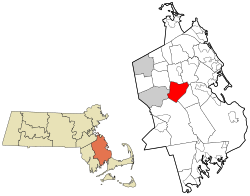 哈利法克斯在普利茅斯县及马萨诸塞州的位置（以红色标示）
