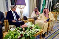 U.S. Secretary of State John Kerry sits with Saudi Arabia King Salman at the Royal Court in Riyadh, Saudi Arabia.
