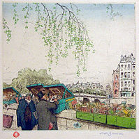 T. F. Šimon, Second Hand Booksellers, Spring (in Paris), 1912, colour soft ground etching and aquatint