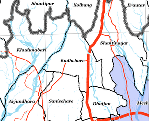 Zoomed-in map of Jhapa district showing Budhabare and its adjacent areas