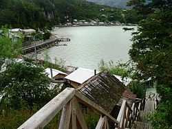 View of Caleta Tortel with its wooden walkways