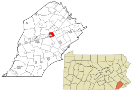 Location of East Caln Township in Chester County, Pennsylvania (top) and of Chester County in Pennsylvania (below)