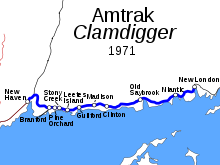 A map of southern Connecticut showing the Clamdigger service. It runs between New London and New Haven with nine intermediate stops marked.