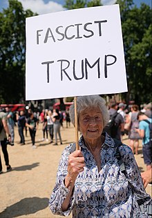 An old woman holding a white paper sign mounted on a stick. The sign has hand-written text reading "FASCIST TRUMP".