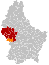 贝克里希在卢森堡地图上的位置，贝克里希为橙色，雷当日县为深红色