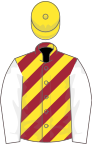 MAROON and YELLOW DIAGONAL STRIPES, white sleeves, yellow cap