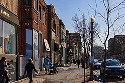 Storefronts along Sherbrooke Street in Victoria Village, March 2022