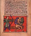 19 Verso-20 Recto Ape: The manuscript states when an ape has twins, it loves one and despises the other baby. In times of being hunted, the mother ape shield's her back with her unfavored baby while cradling and protecting her favored baby.
