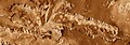 坎多耳峡谷在镶嵌的THEMIS红外图像。可见的沉积堆大规模为山体滑坡的底部附近，中心刚刚离开。