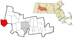米德尔菲尔德在汉普夏县及马萨诸塞州的位置（以红色标示）