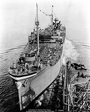 SS Mission Solano launching at Marine Ship Corporation, Sausalito, California on 14 January 1944