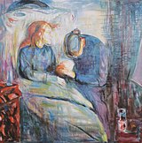 Edvard Munch, The Sick Child, 1925. 5th in the series. Oil on canvas, 117 cm (46 in) × 118 cm (46 in). Munch Museum, Oslo.
