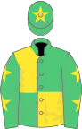 Emerald green and yellow (quartered), emerald green sleeves, yellow stars, emerald green cap, yellow star
