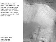 Steep cliff in Ismenius Lacus quadrangle with smooth mantle covering its face. Picture taken under MOC Public Targeting Program.