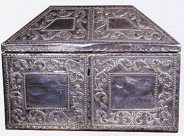 A silver reliquary containing the remains of Saints Eulogius and Leocritia of Cordoba, in Camara Santa, Oviedo Cathedral, Oviedo, Spain.