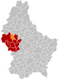瓦尔在卢森堡地图上的位置，瓦尔为橙色，雷当日县为深红色