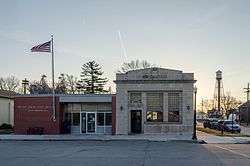 Post office, bank, and water tower in Mead, March 2017
