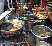 Pictorial description of the ingredients and recipe of vada pav.