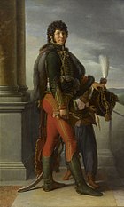 Painting shows a man wearing a hussar uniform with red breeches and a dark jacket.