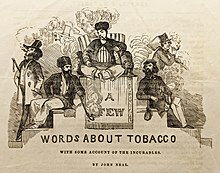 Engraving of black ink on yellowed paper showing a group of men smoking tobacco over the title of the article and John Neal's name