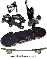 Modern streetboard with bindings (foot straps) and a streetboarder in action.