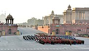 A band performance at India's Beat Retreat ceremony at Vijay Chowk in 2018.