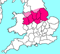 Counties typically included in the North Midlands are highlighted in pink. Counties sometimes included in the North Midlands are highlighted in light pink.