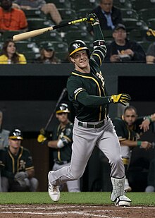 A baseball player in green and gray