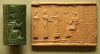 Sumerian cylinder seal and impression, dated c. 2100 BC, of Ḫašḫamer, ensi (governor) of Iškun-Sin c. 2100 BC. The seated figure is probably king Ur-Nammu, bestowing the governorship on Ḫašḫamer, who is led before him by Lamma (protective goddess).[303]