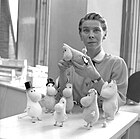 Tove Jansson with Moomintrolls in 1956