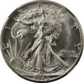 A 50-cent American silver coin dated 1945 and showing Lady Liberty walking, draped in the American flag