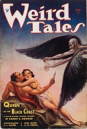 Magazine cover showing a man and a woman under attack from a winged man