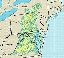 A rough map of the Chesapeake Bay watershed with blue lines for rivers drawn on top.