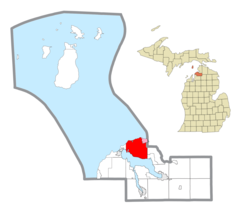 Location within Charlevoix County (red) and an administered portion of the Bay Shore CDP (pink)