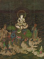 A deity seated cross-legged on a pedestal located on top of a lion-shaped animal surrounded by other figures in priest and warrior robes. The whole group rests on clouds over water.