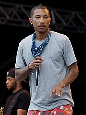 A shot of Pharrell Williams, looking to the right of a nearby camera.